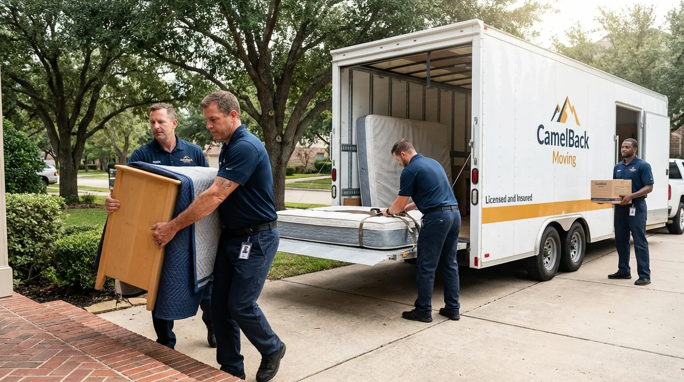 Crew loading residential truck for cross-state move from Plymouth, ME