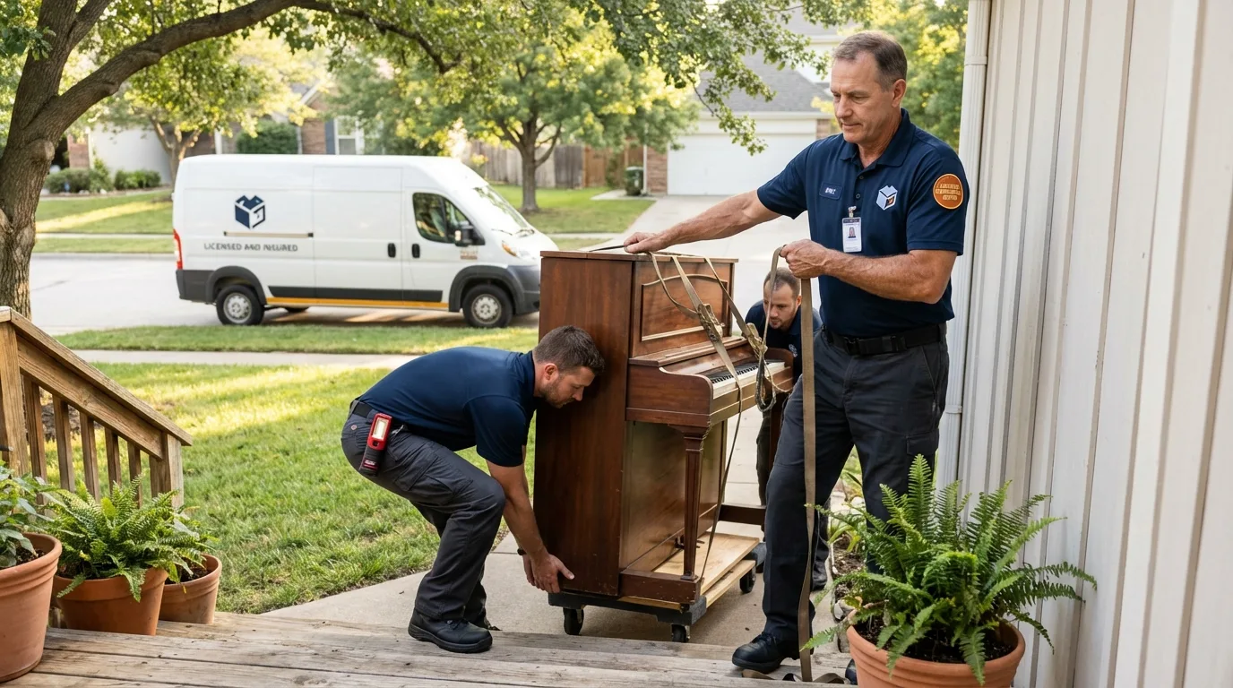 Licensed piano movers securing grand piano in Plymouth, ME