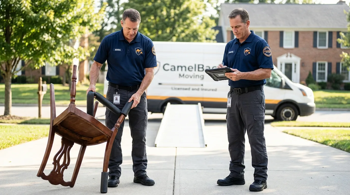 Movers inspecting furniture for damage prevention before loading in Plymouth, ME