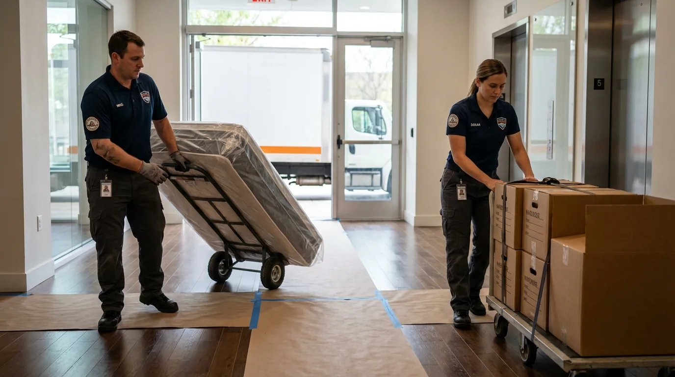 Professional apartment movers loading elevator in Plymouth, ME
