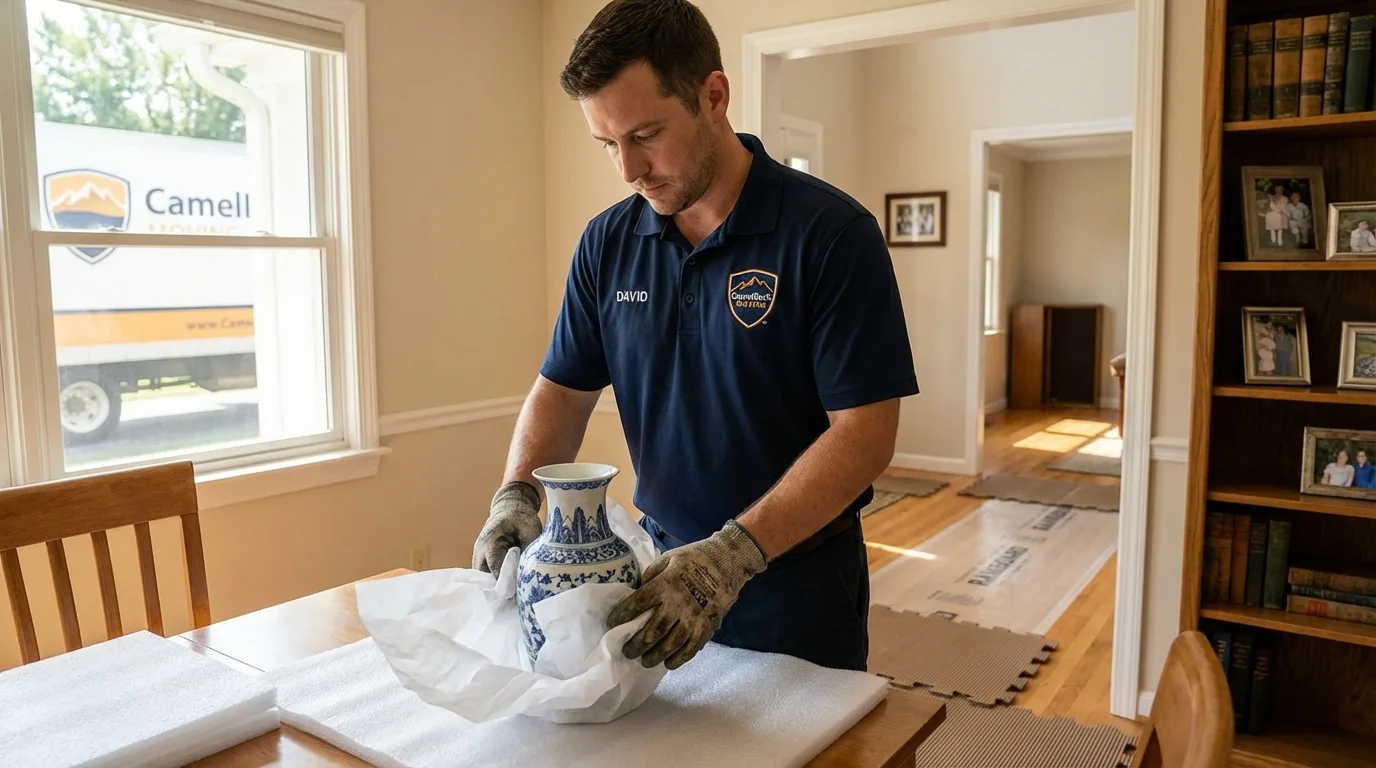 Professional crew carefully wrapping antique vase for senior downsizing move in Plymouth, ME