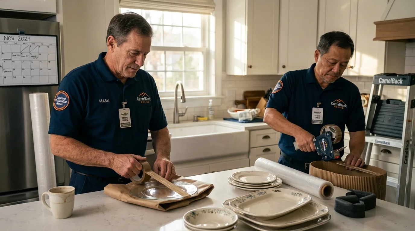Professional crew packing kitchen dishware in Plymouth, ME